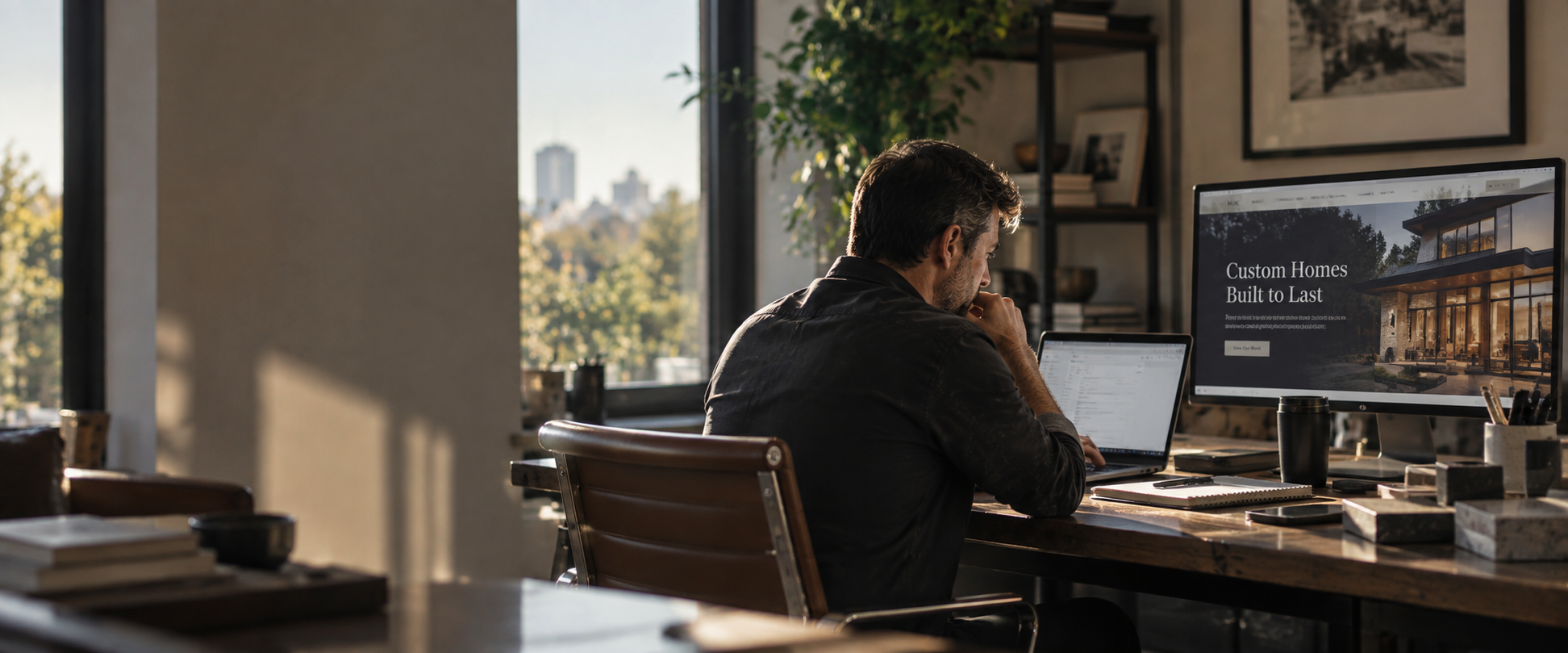 A business owner at his desk in a sunlit office, reviewing his company's new website on a large monitor