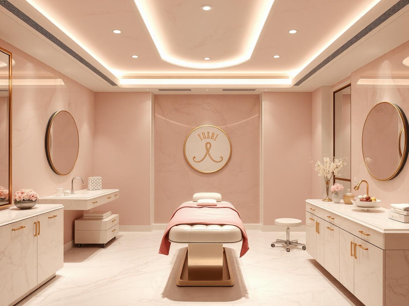 Calm marble treatment room in a luxury medical spa