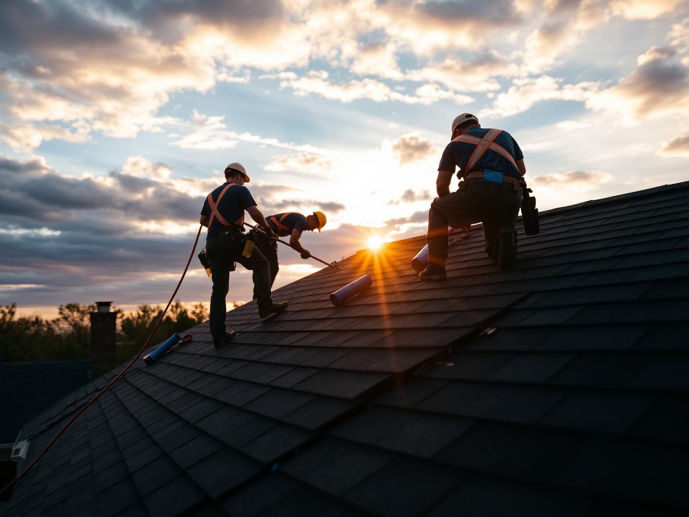 Roofing crew installing shingles on a residential roof at sunset